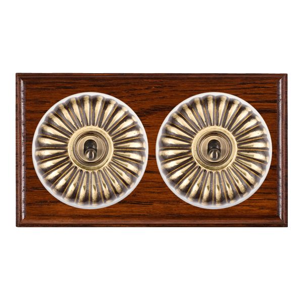 Bloomsbury Ovolo Antique Mahogany 2 gang 20AX Intermediate Toggle Antique Brass Fluted Dome/White Collar