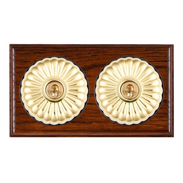Bloomsbury Ovolo Antique Mahogany 2 gang 20AX Intermediate Toggle Polished Brass Fluted Dome/Black Collar