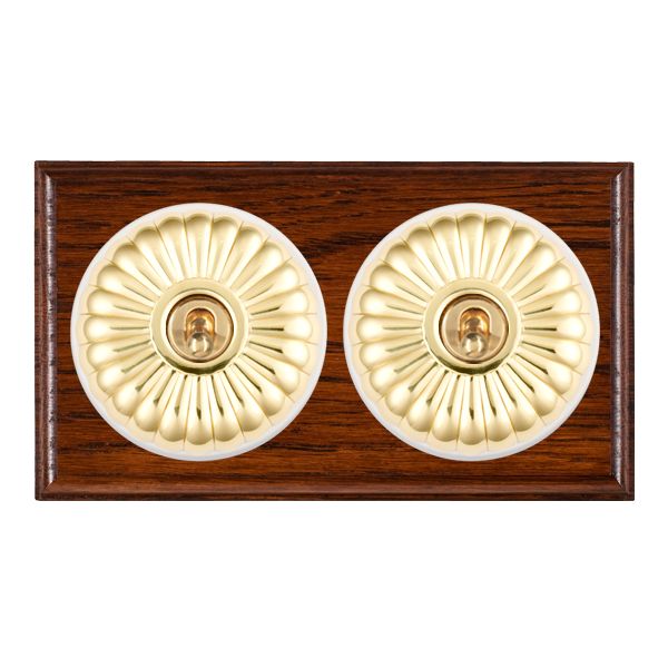 Bloomsbury Ovolo Antique Mahogany 2 gang 20AX Intermediate Toggle Polished Brass Fluted Dome/White Collar