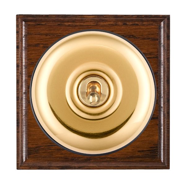 Bloomsbury Ovolo Antique Mahogany 1 gang 20AX 2 Way Toggle Polished Brass Plain Dome/Black Collar