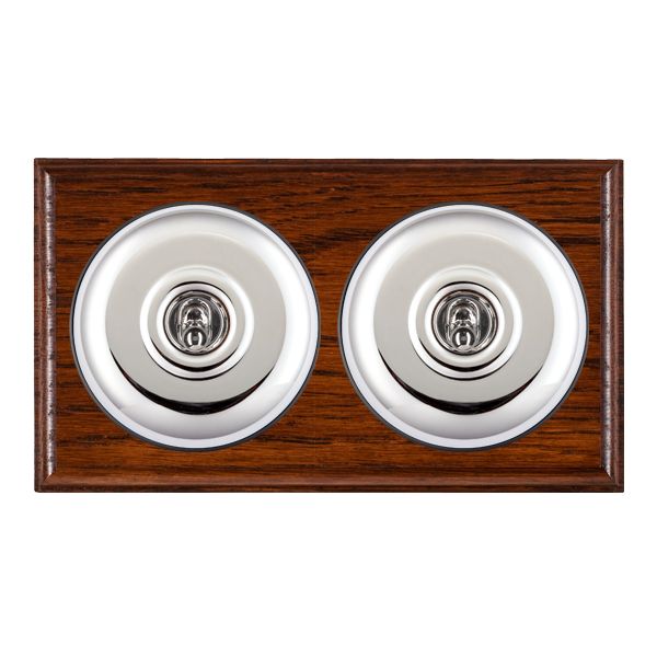 Bloomsbury Ovolo Antique Mahogany 2 gang 20AX 2 Way Toggle Bright Chrome Plain Dome/Black Collar
