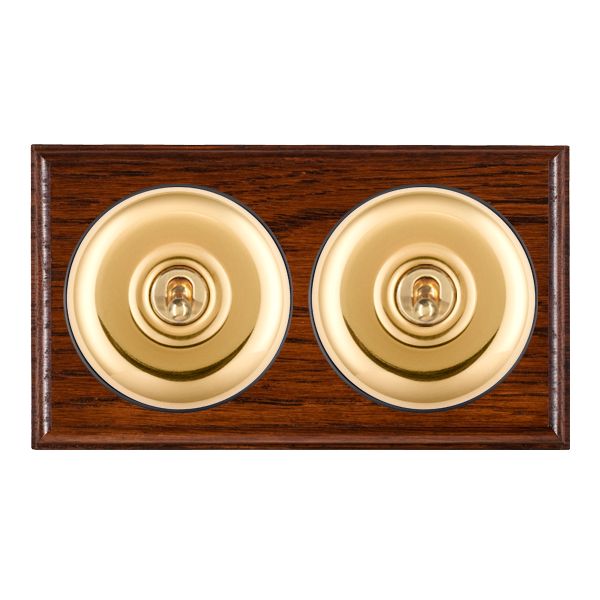 Bloomsbury Ovolo Antique Mahogany 2 gang 20AX 2 Way Toggle Polished Brass Plain Dome/Black Collar
