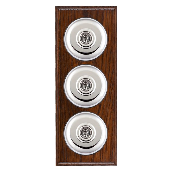 Bloomsbury Ovolo Antique Mahogany 3 gang 20AX 2 Way Toggle Bright Chrome Plain Dome/Black Collar