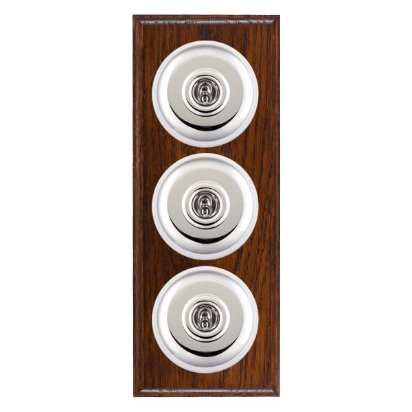 Bloomsbury Ovolo Antique Mahogany 3 gang 20AX 2 Way Toggle Bright Chrome Plain Dome/White Collar