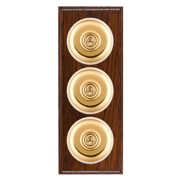 Bloomsbury Ovolo Antique Mahogany 3 gang 20AX 2 Way Toggle Polished Brass Plain Dome/White Collar