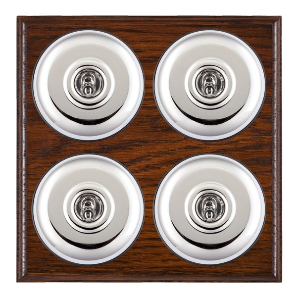 Bloomsbury Ovolo Antique Mahogany 4 gang 20AX 2 Way Toggle Bright Chrome Plain Dome/Black Collar