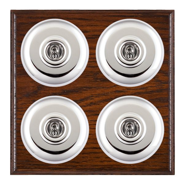 Bloomsbury Ovolo Antique Mahogany 4 gang 20AX 2 Way Toggle Bright Chrome Plain Dome/White Collar