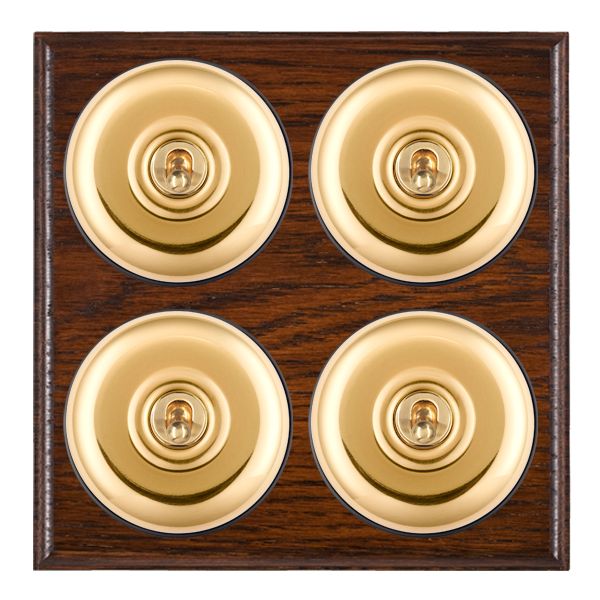 Bloomsbury Ovolo Antique Mahogany 4 gang 20AX 2 Way Toggle Polished Brass Plain Dome/Black Collar