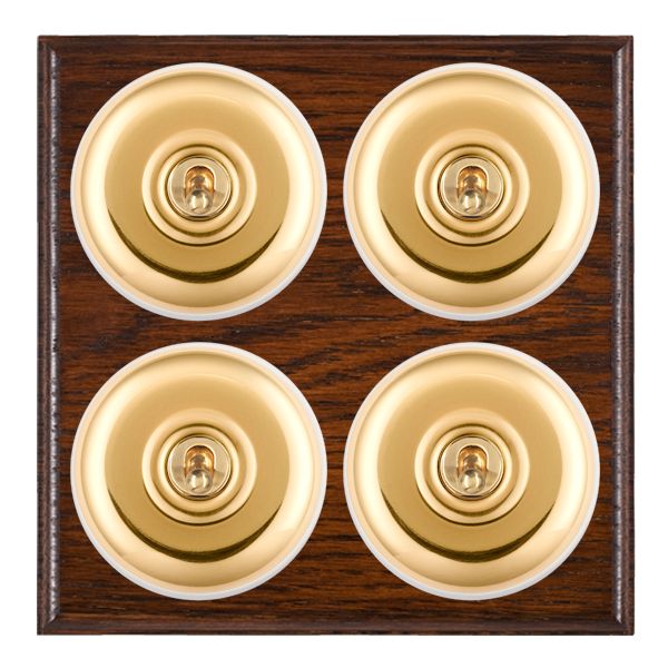 Bloomsbury Ovolo Antique Mahogany 4 gang 20AX 2 Way Toggle Polished Brass Plain Dome/White Collar