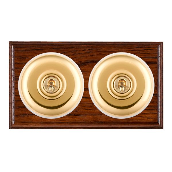 Bloomsbury Ovolo Antique Mahogany 2 gang 20AX Intermediate Toggle Polished Brass Plain Dome/White Collar
