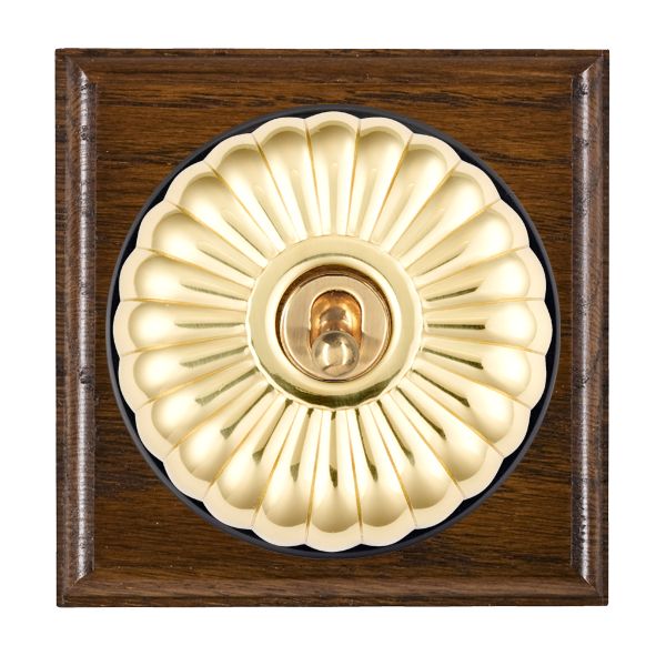 Bloomsbury Ovolo Dark Oak 1 gang 20AX 2 Way Toggle Polished Brass Fluted Dome/Black Collar
