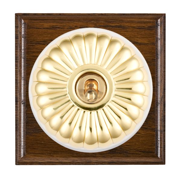 Bloomsbury Ovolo Dark Oak 1 gang 20AX 2 Way Toggle Polished Brass Fluted Dome/White Collar