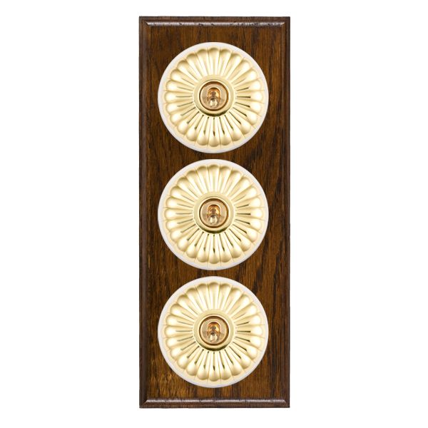 Bloomsbury Ovolo Dark Oak 3 gang 20AX 2 Way Toggle Polished Brass Fluted Dome/White Collar
