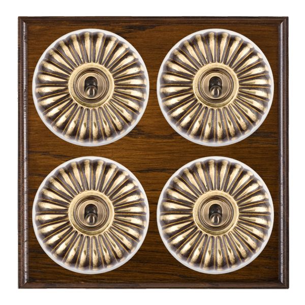 Bloomsbury Ovolo Dark Oak 4 gang 20AX 2 Way Toggle Antique Brass Fluted Dome/White Collar