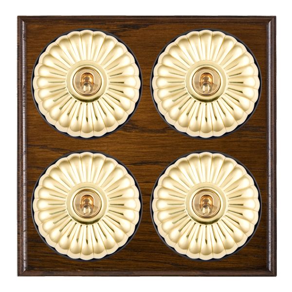 Bloomsbury Ovolo Dark Oak 4 gang 20AX 2 Way Toggle Polished Brass Fluted Dome/Black Collar