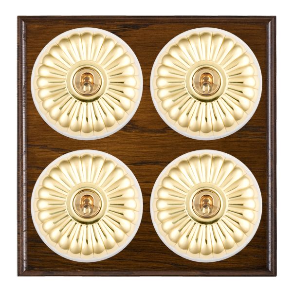 Bloomsbury Ovolo Dark Oak 4 gang 20AX 2 Way Toggle Polished Brass Fluted Dome/White Collar