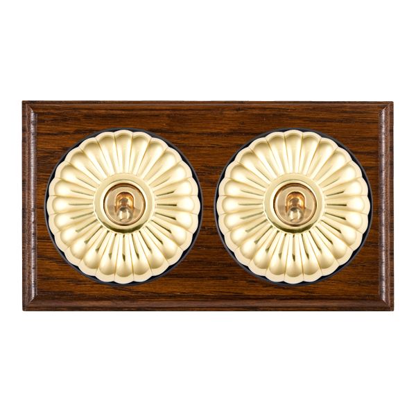 Bloomsbury Ovolo Dark Oak 2 gang 20AX Intermediate Toggle Polished Brass Fluted Dome/Black Collar