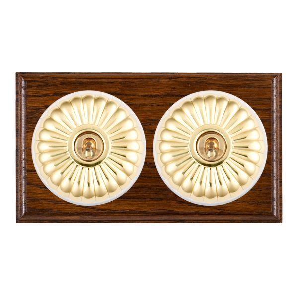 Bloomsbury Ovolo Dark Oak 2 gang 20AX Intermediate Toggle Polished Brass Fluted Dome/White Collar