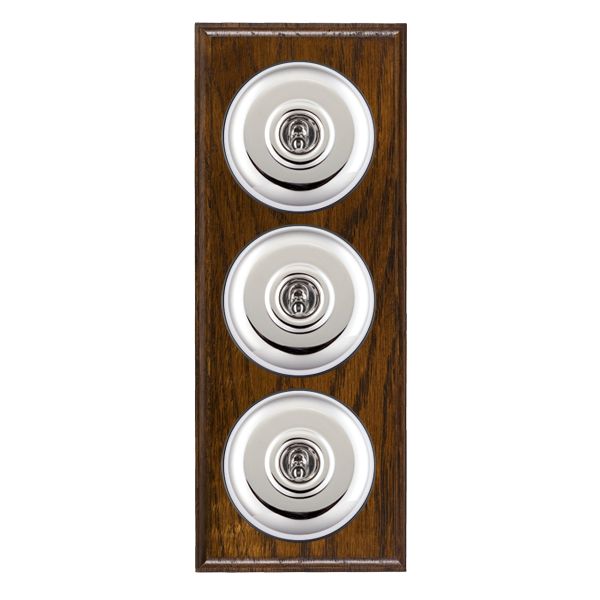 Bloomsbury Ovolo Dark Oak 3 gang 20AX 2 Way Toggle Bright Chrome Plain Dome/Black Collar