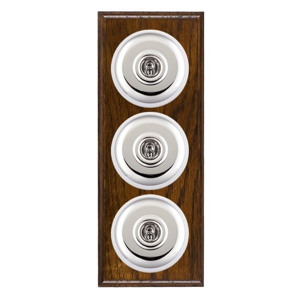 Bloomsbury Ovolo Dark Oak 3 gang 20AX 2 Way Toggle Bright Chrome Plain Dome/White Collar