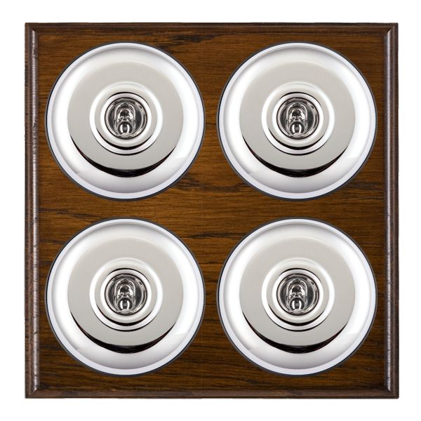 Bloomsbury Ovolo Dark Oak 4 gang 20AX 2 Way Toggle Bright Chrome Plain Dome/Black Collar