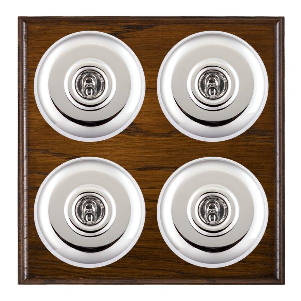 Bloomsbury Ovolo Dark Oak 4 gang 20AX 2 Way Toggle Bright Chrome Plain Dome/White Collar
