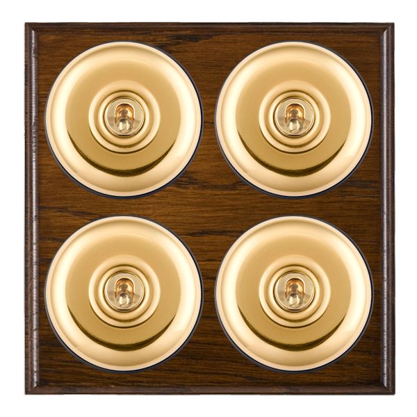 Bloomsbury Ovolo Dark Oak 4 gang 20AX 2 Way Toggle Polished Brass Plain Dome/Black Collar