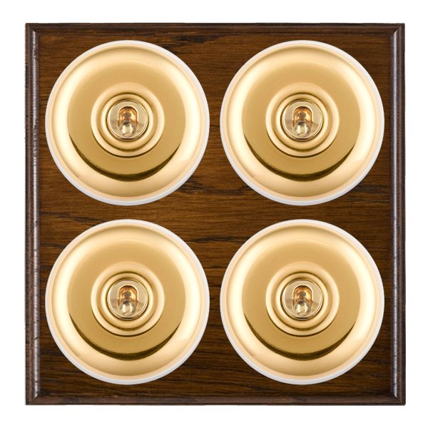 Bloomsbury Ovolo Dark Oak 4 gang 20AX 2 Way Toggle Polished Brass Plain Dome/White Collar