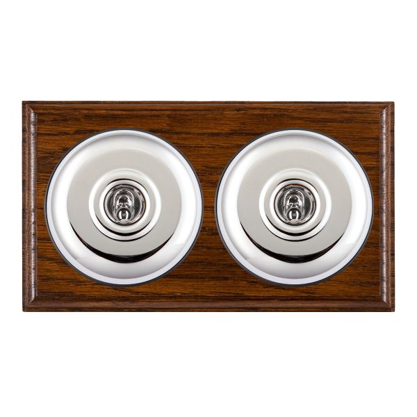 Bloomsbury Ovolo Dark Oak 2 gang 20AX Intermediate Toggle Bright Chrome Plain Dome/Black Collar