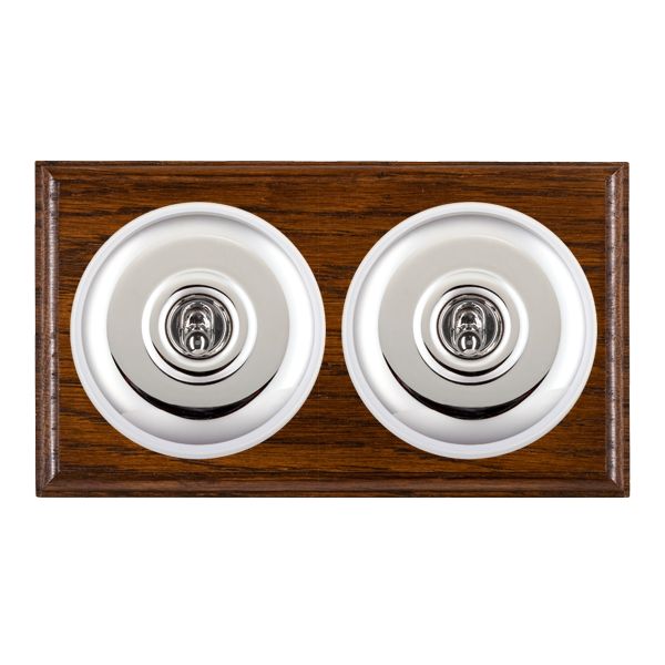 Bloomsbury Ovolo Dark Oak 2 gang 20AX Intermediate Toggle Bright Chrome Plain Dome/White Collar