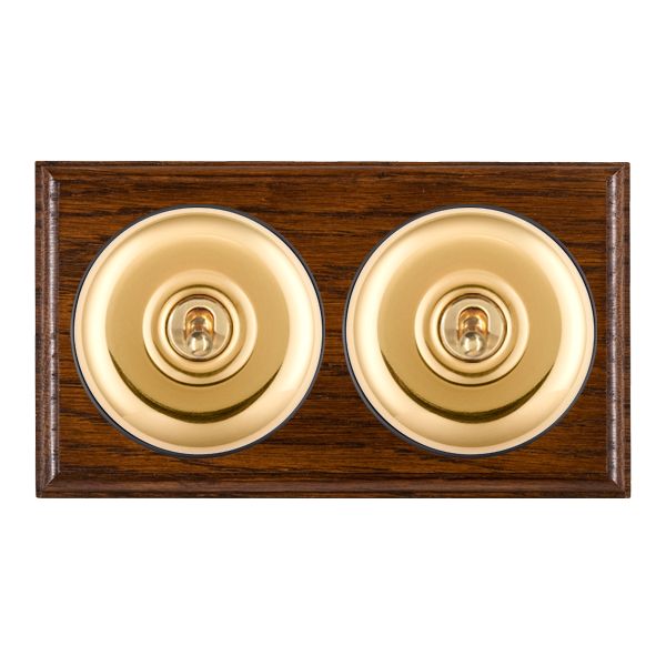 Bloomsbury Ovolo Dark Oak 2 gang 20AX Intermediate Toggle Polished Brass Plain Dome/Black Collar