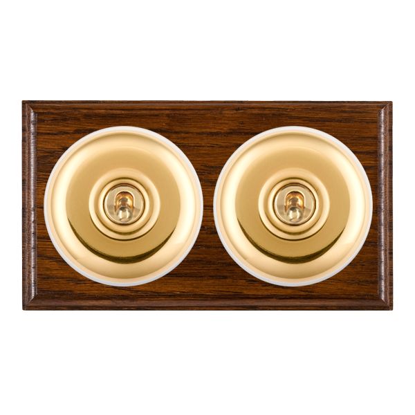 Bloomsbury Ovolo Dark Oak 2 gang 20AX Intermediate Toggle Polished Brass Plain Dome/White Collar