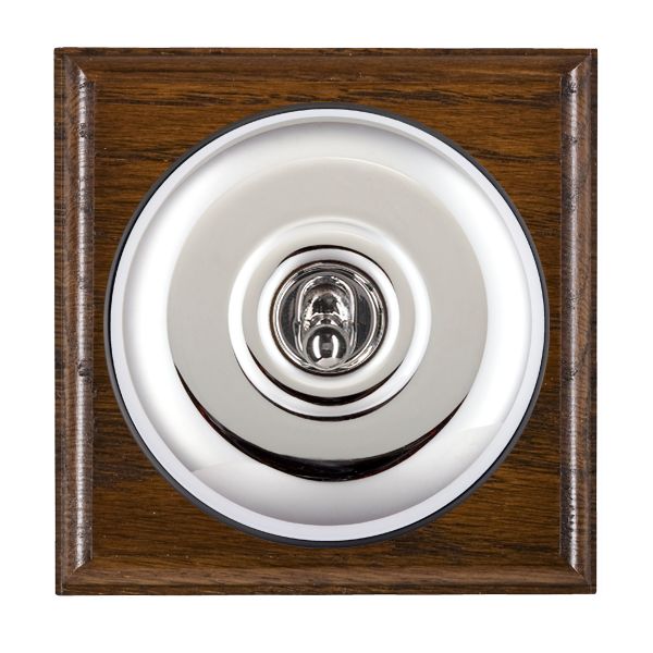 Bloomsbury Ovolo Dark Oak 1 gang 20AX Double Pole Toggle Bright Chrome Plain Dome/Black Collar