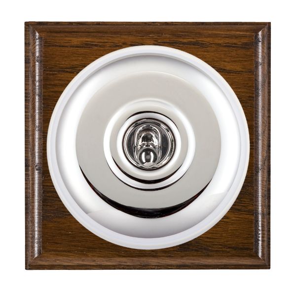 Bloomsbury Ovolo Dark Oak 1 gang 20AX Double Pole Toggle Bright Chrome Plain Dome/White Collar