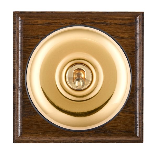 Bloomsbury Ovolo Dark Oak 1 gang 20AX Double Pole Toggle Polished Brass Plain Dome/Black Collar