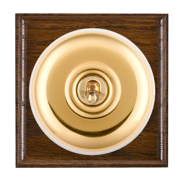 Bloomsbury Ovolo Dark Oak 1 gang 20AX Double Pole Toggle Polished Brass Plain Dome/White Collar