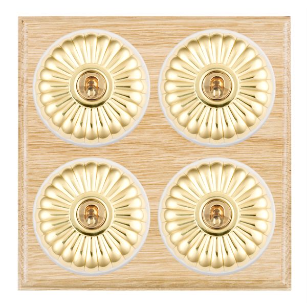 Bloomsbury Ovolo Light Oak 4 gang 20AX 2 Way Toggle Polished Brass Fluted Dome/White Collar