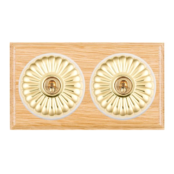 Bloomsbury Ovolo Light Oak 2 gang 20AX Intermediate Toggle Polished Brass Fluted Dome/White Collar