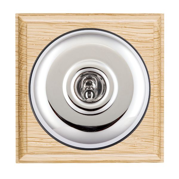 Bloomsbury Ovolo Light Oak 1 gang 20AX 2 Way Toggle Bright Chrome Plain Dome/Black Collar