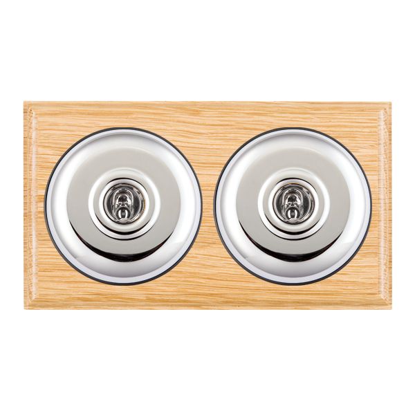 Bloomsbury Ovolo Light Oak 2 gang 20AX 2 Way Toggle Bright Chrome Plain Dome/Black Collar