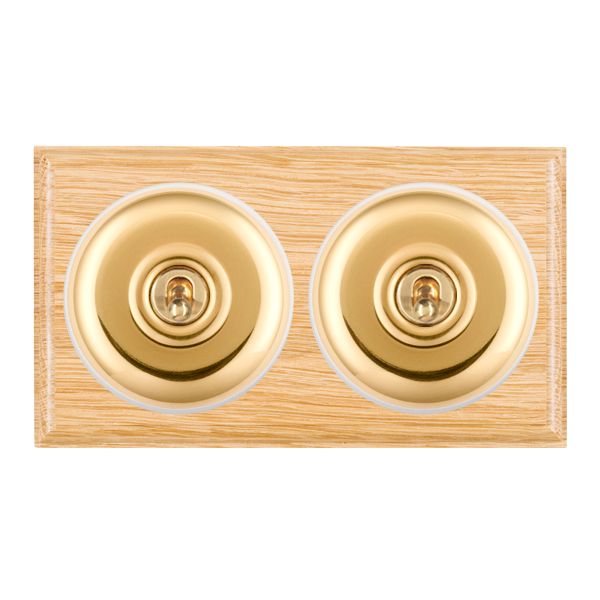 Bloomsbury Ovolo Light Oak 2 gang 20AX 2 Way Toggle Polished Brass Plain Dome/White Collar