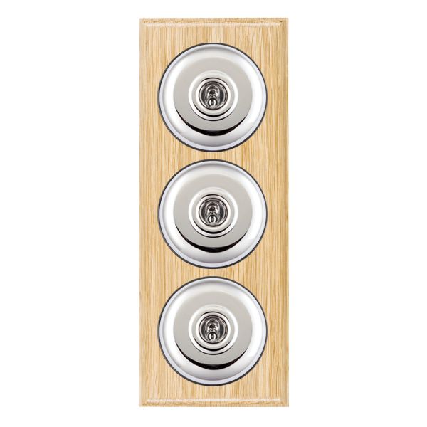 Bloomsbury Ovolo Light Oak 3 gang 20AX 2 Way Toggle Bright Chrome Plain Dome/Black Collar