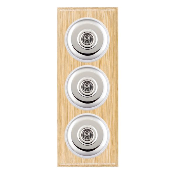 Bloomsbury Ovolo Light Oak 3 gang 20AX 2 Way Toggle Bright Chrome Plain Dome/White Collar