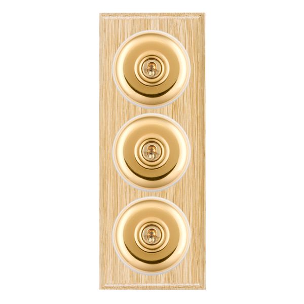 Bloomsbury Ovolo Light Oak 3 gang 20AX 2 Way Toggle Polished Brass Plain Dome/White Collar