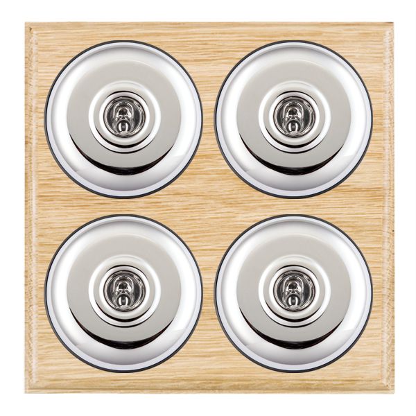 Bloomsbury Ovolo Light Oak 4 gang 20AX 2 Way Toggle Bright Chrome Plain Dome/Black Collar