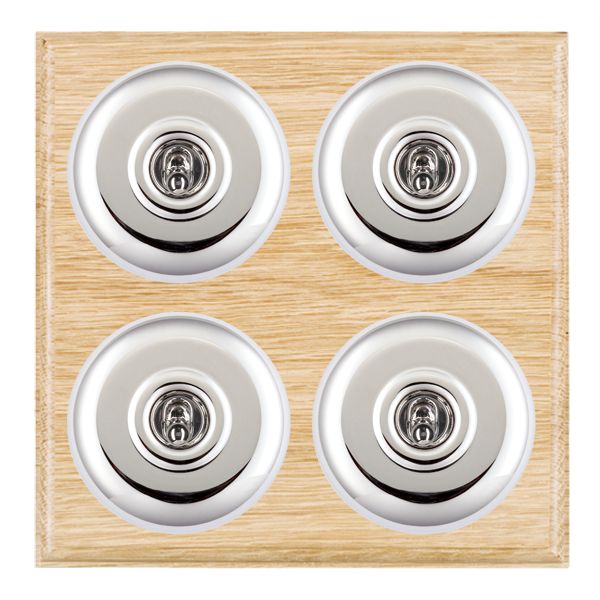 Bloomsbury Ovolo Light Oak 4 gang 20AX 2 Way Toggle Bright Chrome Plain Dome/White Collar