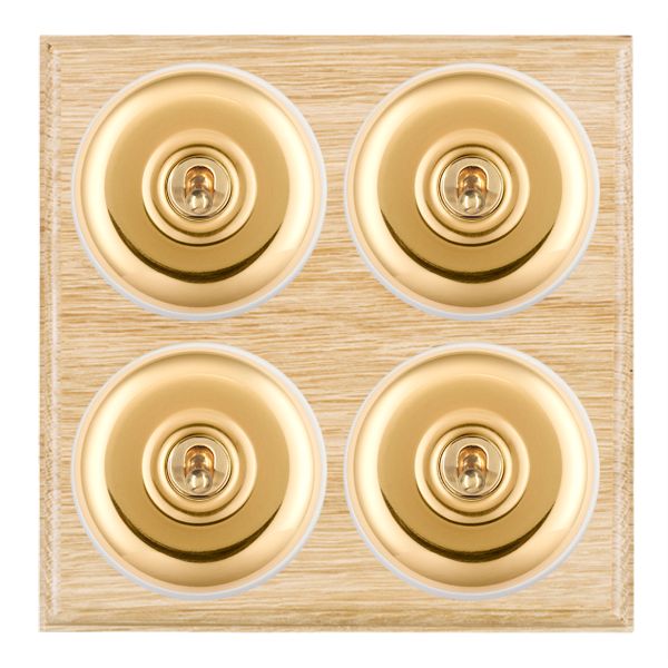 Bloomsbury Ovolo Light Oak 4 gang 20AX 2 Way Toggle Polished Brass Plain Dome/White Collar