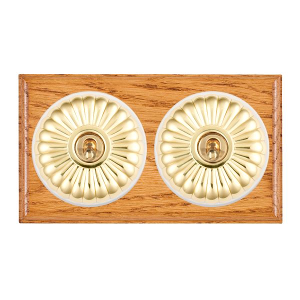 Bloomsbury Ovolo Medium Oak 2 gang 20AX Intermediate Toggle Polished Brass Fluted Dome/White Collar