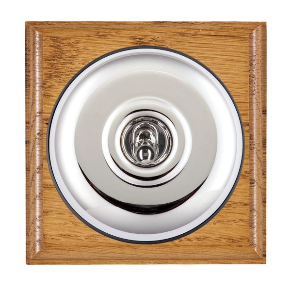 Bloomsbury Ovolo Medium Oak 1 gang 20AX 2 Way Toggle Bright Chrome Plain Dome/Black Collar