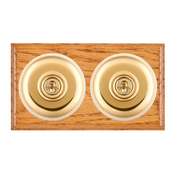 Bloomsbury Ovolo Medium Oak 2 gang 20AX 2 Way Toggle Polished Brass Plain Dome/White Collar